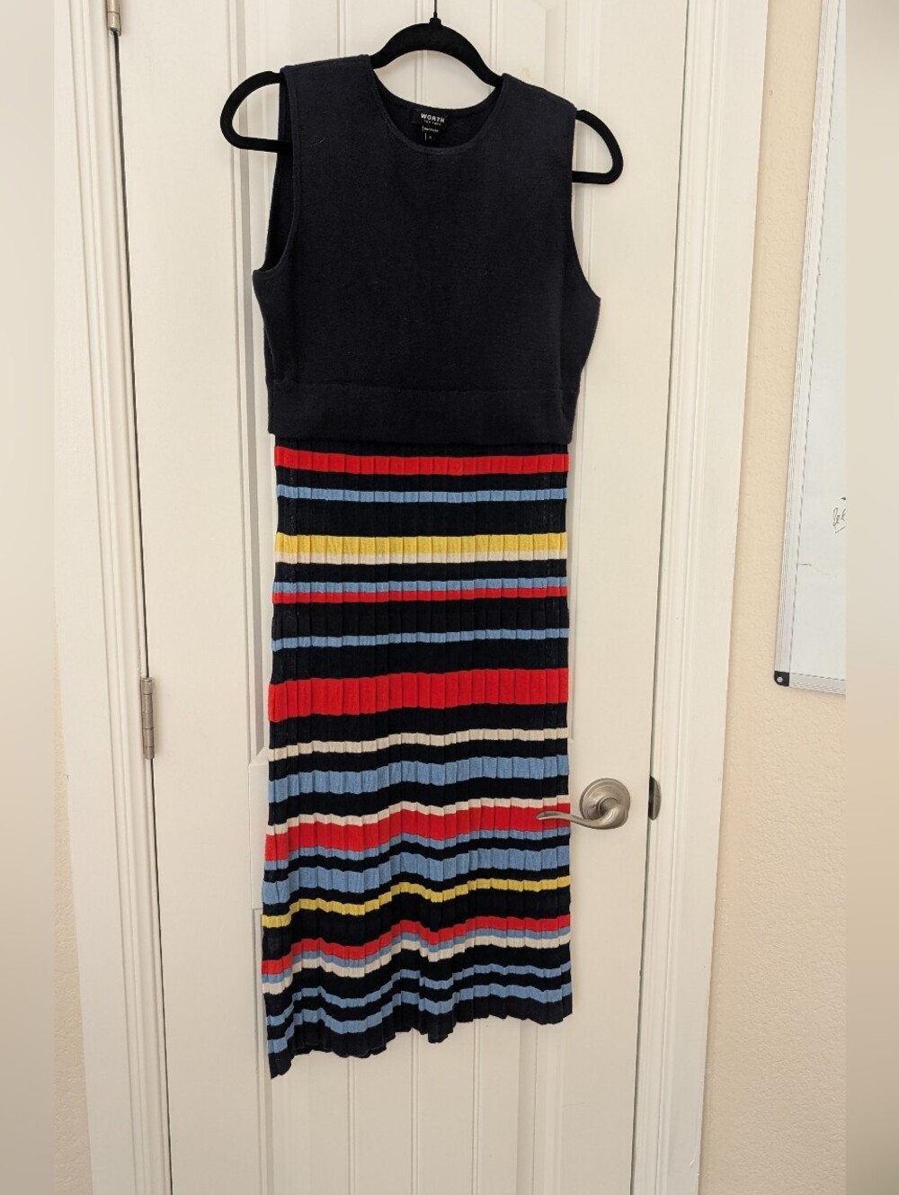 Worth Navy Knit‎ Tank Midi Dress with Multicolor Pleated Stripe Skirt S